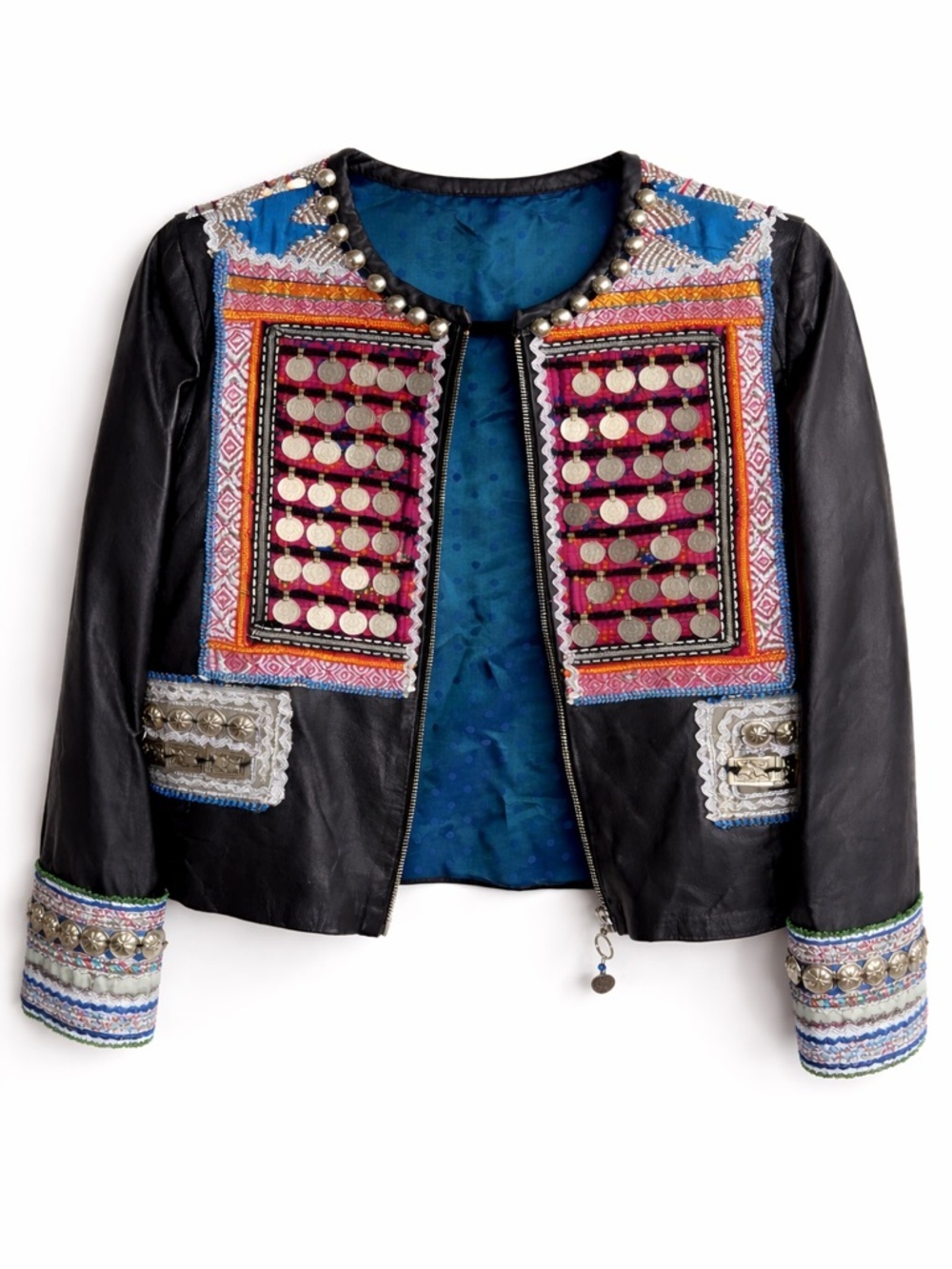 teté by Odette Embellished Leather Jacket Vintage Hmong Tribal OOAK Boho - Picture 2 of 16